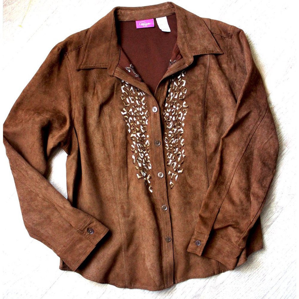 Vegan Faux Suede Button Down Shirt Silky Soft NEW